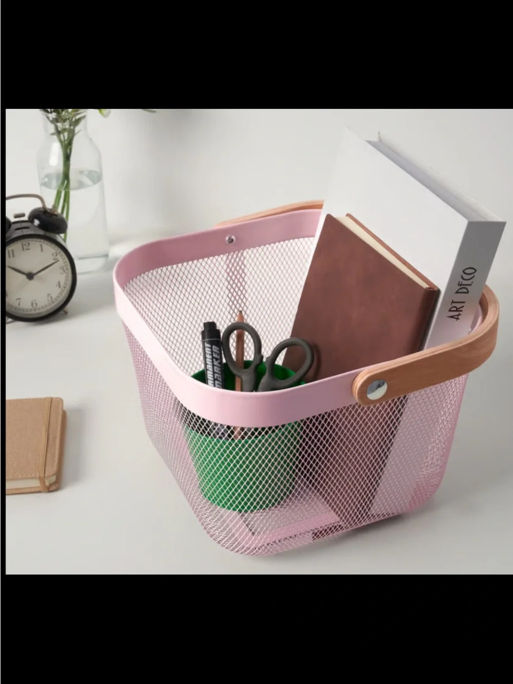 RISATORP (IKEA) Wire square pink basket with a wooden handle, size: 9¾”x7”-used